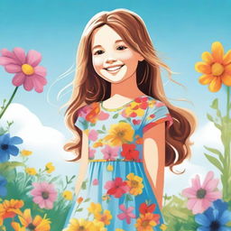 A detailed and vibrant illustration of a young girl smiling