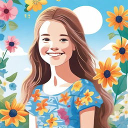 A detailed and vibrant illustration of a young girl smiling