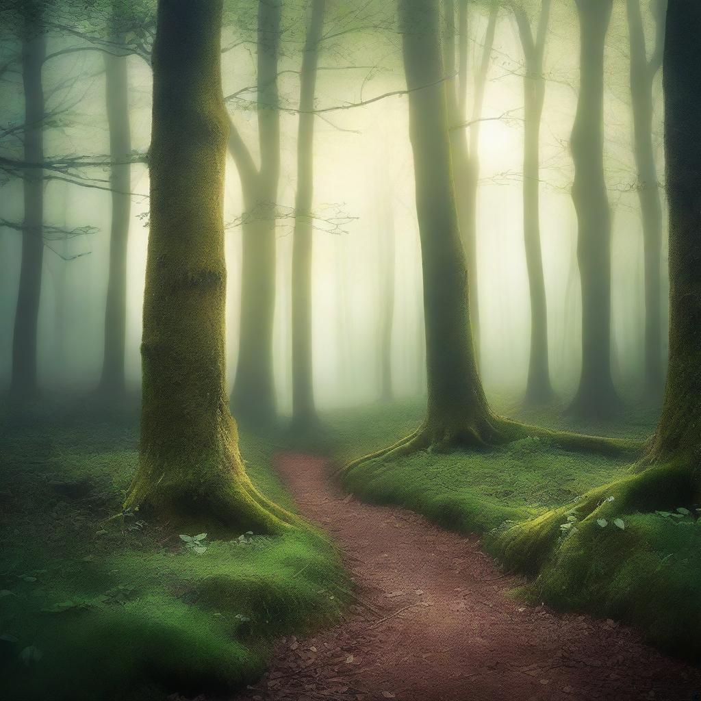 Create a captivating book cover featuring a mysterious forest with a hidden path