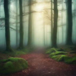 Create a captivating book cover featuring a mysterious forest with a hidden path