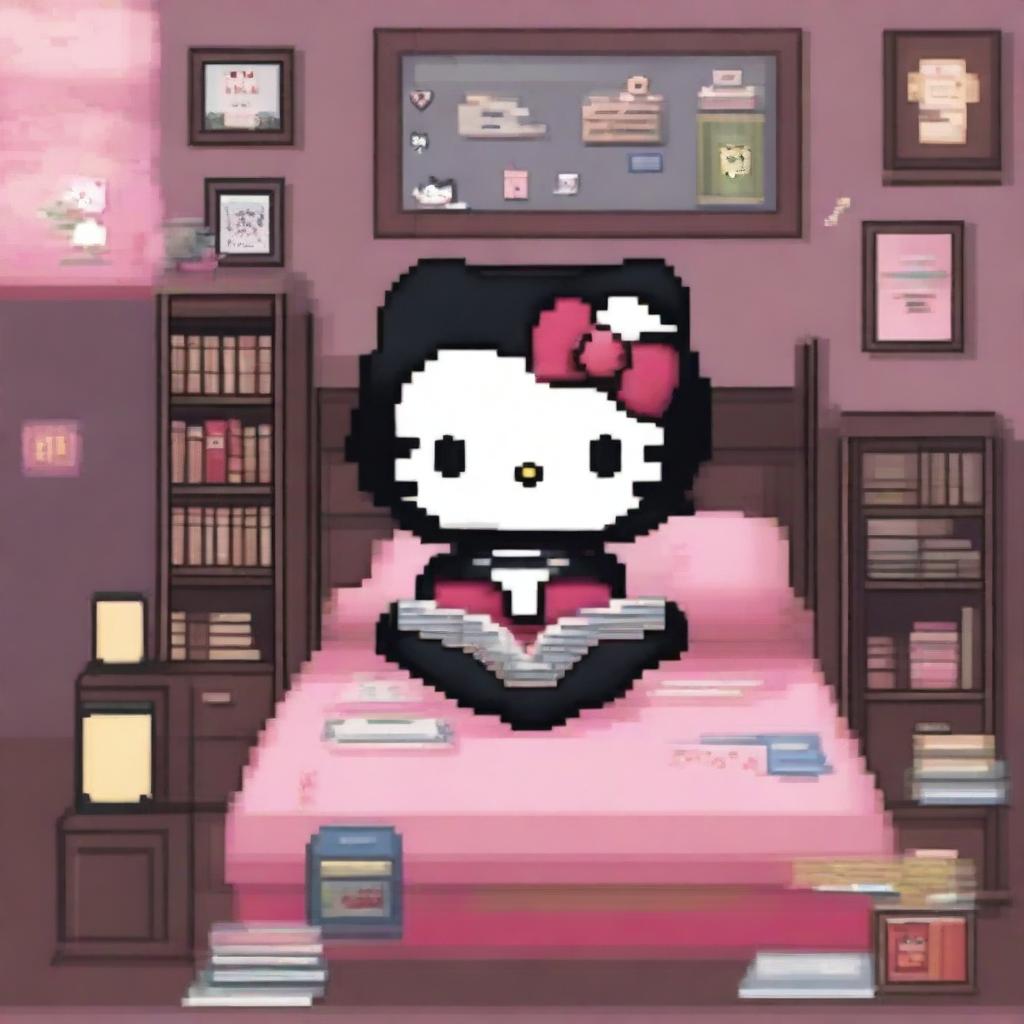 A Hello Kitty character with long black hair is reading a book in a teenager's room