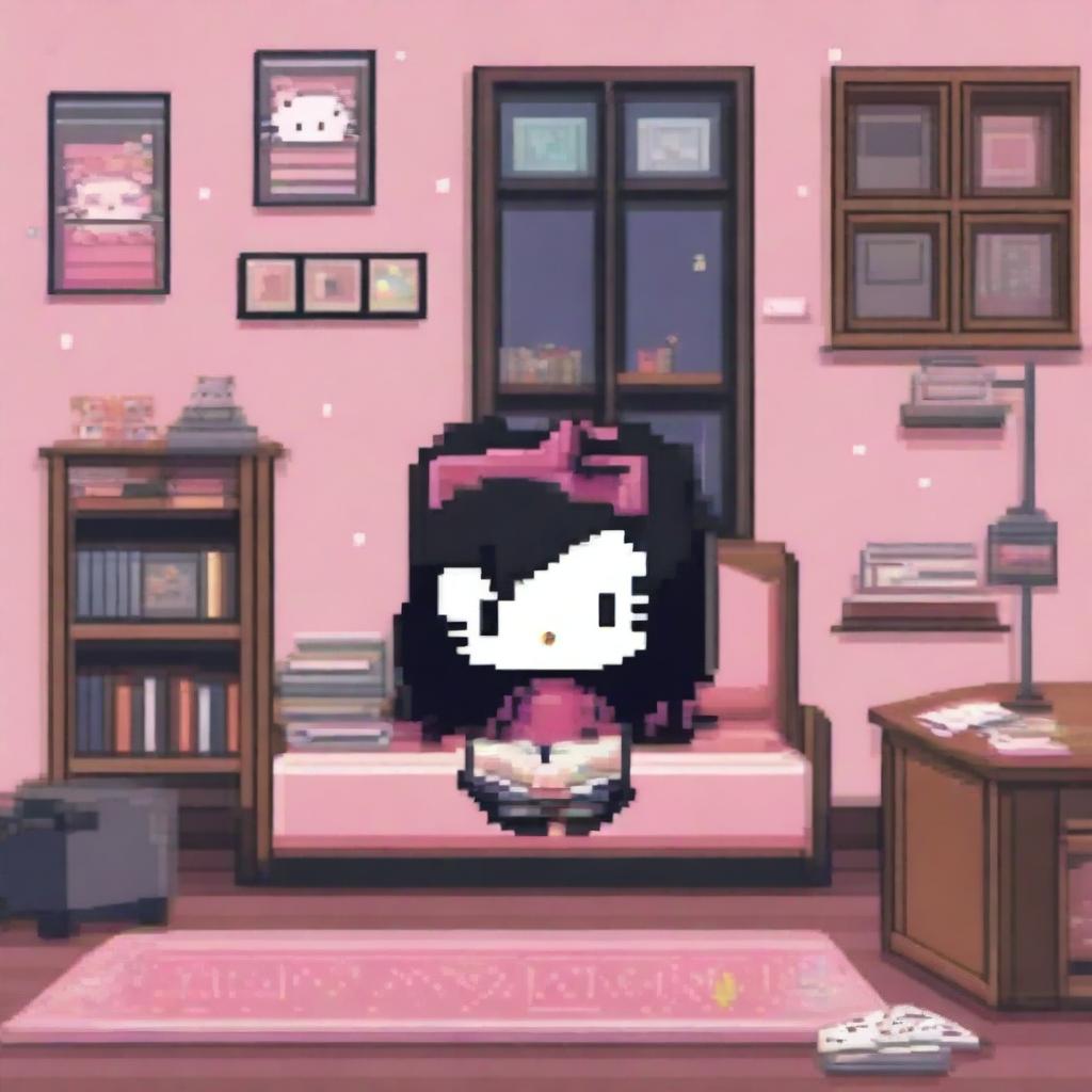 A Hello Kitty character with long black hair is reading a book in a teenager's room