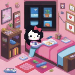 A Hello Kitty character with long black hair is reading a book in a teenager's room