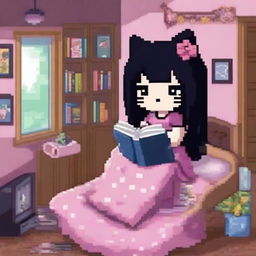 A Hello Kitty character with long black hair is reading a book in a teenager's room