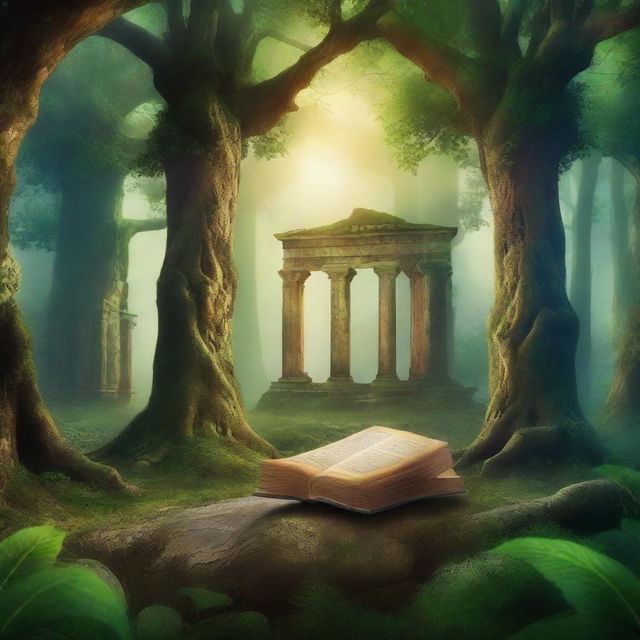 Create a captivating book cover featuring a mystical forest with ancient ruins