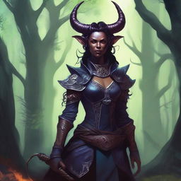 A detailed illustration of a female tiefling, showcasing her demonic horns, tail, and other distinctive features