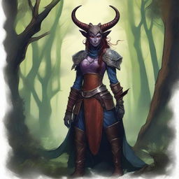 A detailed illustration of a female tiefling, showcasing her demonic horns, tail, and other distinctive features