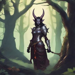 A detailed illustration of a female tiefling, showcasing her demonic horns, tail, and other distinctive features