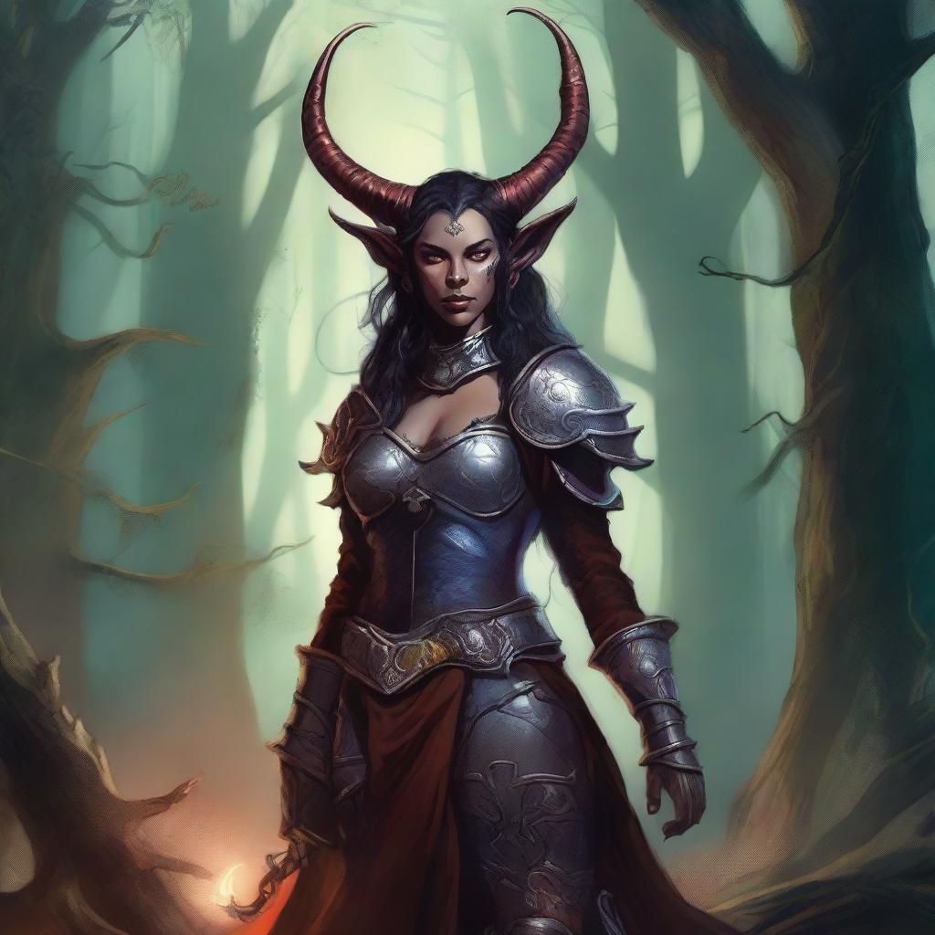 A detailed illustration of a female tiefling, showcasing her demonic horns, tail, and other distinctive features