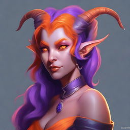 A female tiefling with twisted horns, orange skin, and violet hair