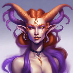 A female tiefling with twisted horns, orange skin, and violet hair