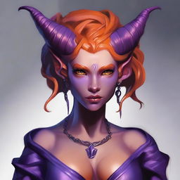 A female tiefling with twisted horns, orange skin, and violet hair