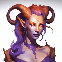 A female tiefling with twisted horns, orange skin, and violet hair