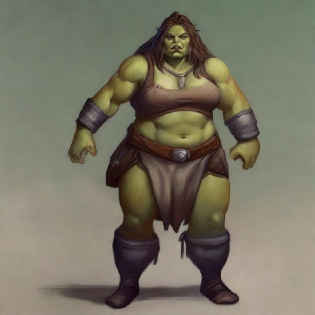 Create an image of a chubby, half-orc woman