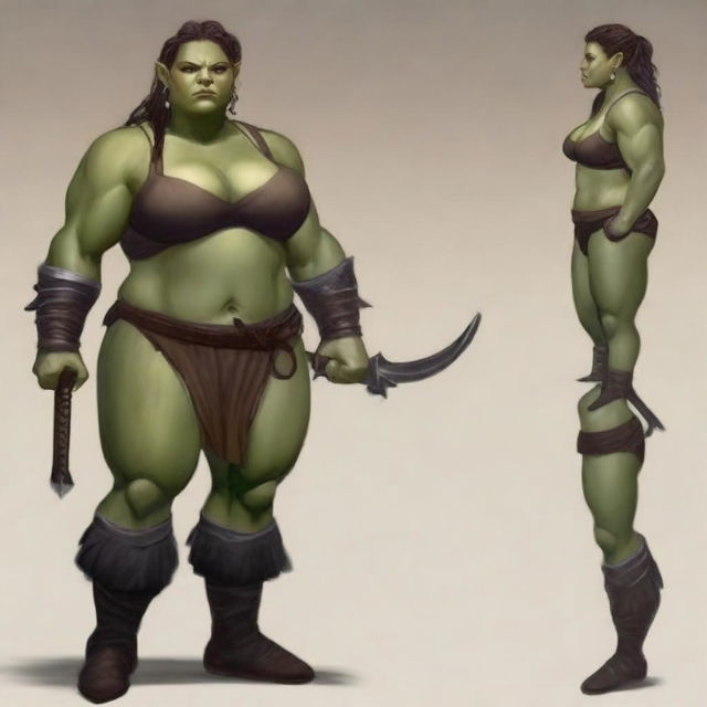 Create an image of a chubby, half-orc woman