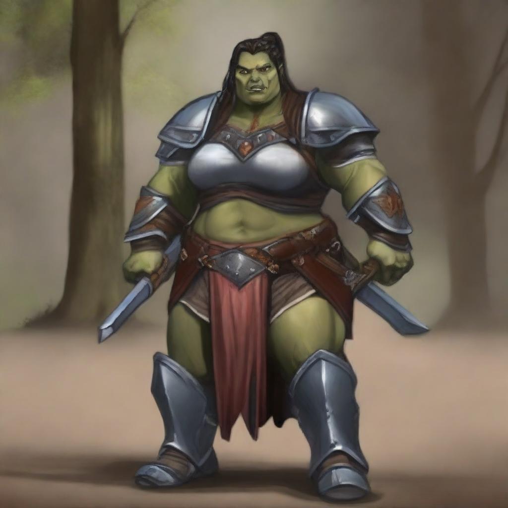 Create an image of a chubby, half-orc woman who is a paladin