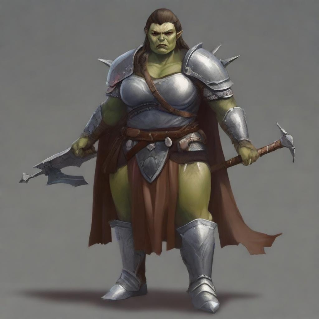 Create an image of a chubby, half-orc woman who is a paladin