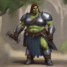 Create an image of a chubby, half-orc woman who is a paladin