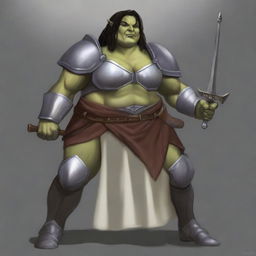 Create an image of a chubby, half-orc woman who is a paladin