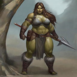 Create an image of a chubby, half-orc woman with long hair who is a warrior