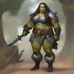 Create an image of a chubby, half-orc woman with long hair who is a warrior