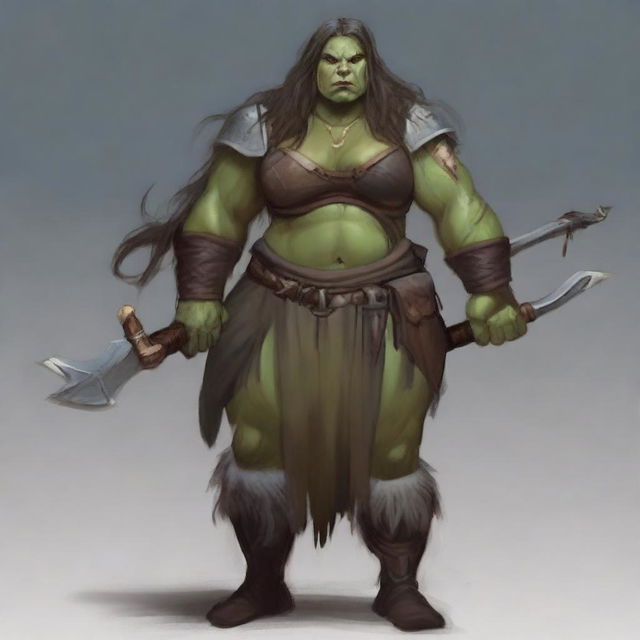 Create an image of a chubby, half-orc woman with long hair who is a warrior