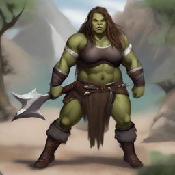 Create an image of a chubby, half-orc woman with long hair who is a warrior