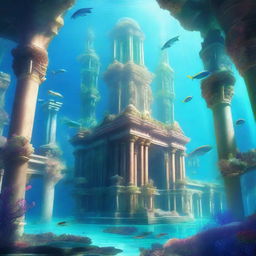 A stunning underwater city of Atlantis, with majestic ancient architecture, glowing coral reefs, and mysterious marine life swimming around