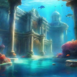 A stunning underwater city of Atlantis, with majestic ancient architecture, glowing coral reefs, and mysterious marine life swimming around