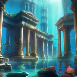 A stunning underwater city of Atlantis, with majestic ancient architecture, glowing coral reefs, and mysterious marine life swimming around