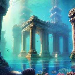 A stunning underwater city of Atlantis, with majestic ancient architecture, glowing coral reefs, and mysterious marine life swimming around