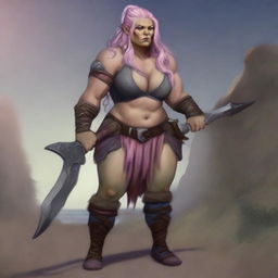 Create an image of a chubby, half-orc woman with long, pink hair who is a warrior