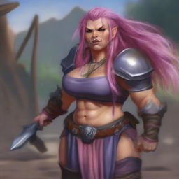 Create an image of a chubby, half-orc woman with long, pink hair who is a warrior