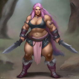 Create an image of a chubby, half-orc woman with long, pink hair who is a warrior