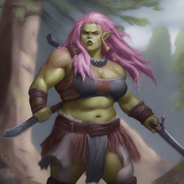 Create an image of a chubby, half-orc woman with long, pink hair who is a warrior