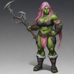 Create an image of a chubby, half-orc woman with long, pink hair and green skin who is a warrior