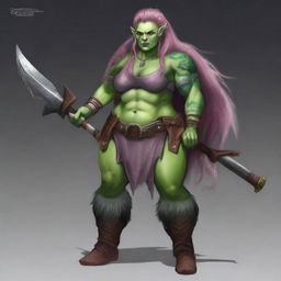 Create an image of a chubby, half-orc woman with long, pink hair and green skin who is a warrior