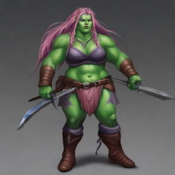 Create an image of a chubby, half-orc woman with long, pink hair and green skin who is a warrior