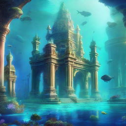 A majestic and mysterious underwater city of Atlantis, with grandiose structures and advanced technology