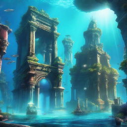 A majestic and mysterious underwater city of Atlantis, with grandiose structures and advanced technology