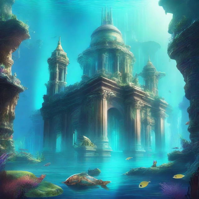 A majestic and mysterious underwater city of Atlantis, with grandiose structures and advanced technology