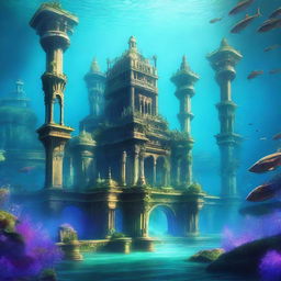 A majestic and mysterious underwater city of Atlantis, with grandiose structures and advanced technology