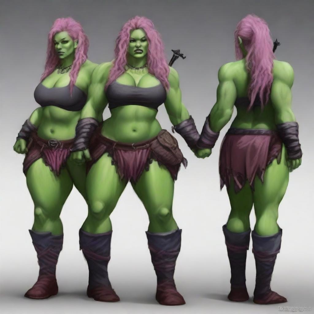 Create an image of a chubby, half-orc woman with long, pink hair and green skin who is a warrior