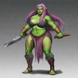 Create an image of a chubby, half-orc woman with long, pink hair and green skin who is a warrior