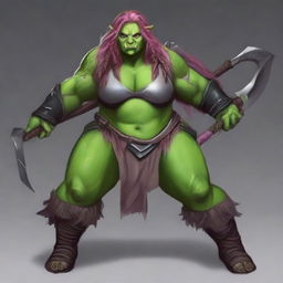 Create an image of a chubby, half-orc woman with long, pink hair and green skin who is a warrior