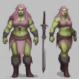 Create an image of a chubby, half-orc woman with long, pink hair and green skin who is a warrior