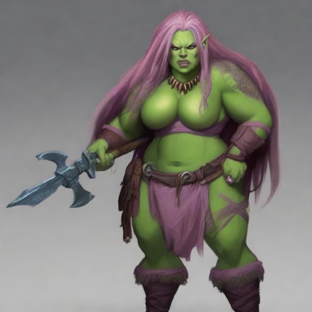 Create an image of a chubby, half-orc woman with long, pink hair and green skin who is a warrior