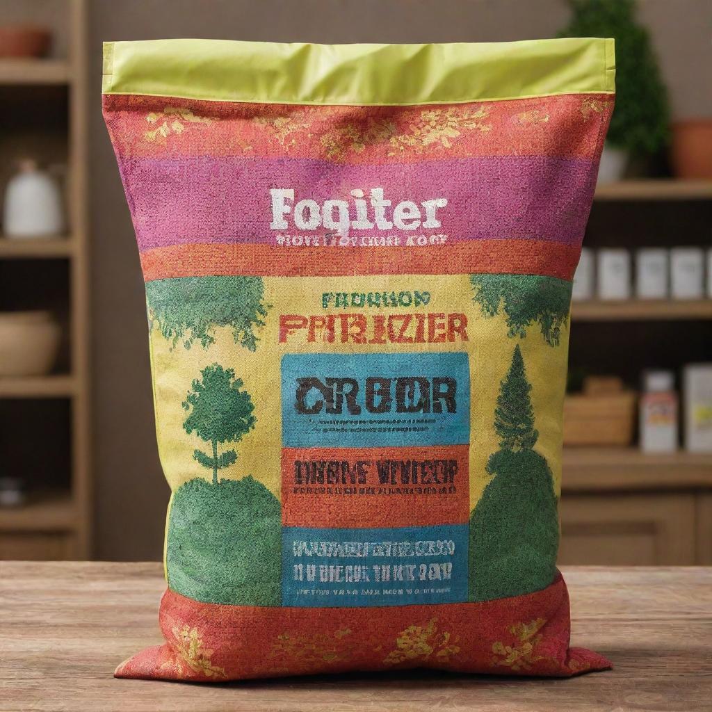 Showcase a vibrant fertilizer bag prominently on the screen. The bag is densely packed, with detailed textures of the material visible, contrasted with the bold colors and whimsical designs representing the type of fertilizer within.