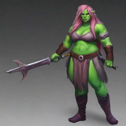 Create an image of a chubby, half-orc woman with long, pink hair and green skin who is a warrior