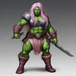 Create an image of a chubby, half-orc woman with long, pink hair and green skin who is a warrior